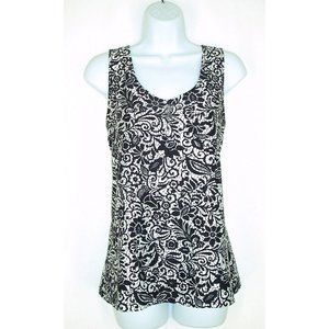 Chico's Tank Top 2 M Shell Floral Sleeveless Black White Nylon Spandex Stretch